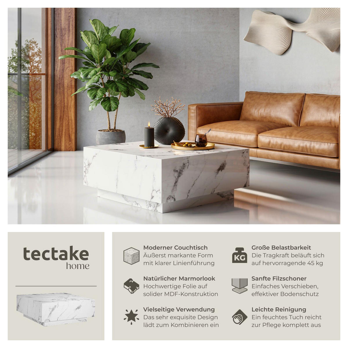 COUCHTISCH Lasley, inkl. Bodenschoner, Belastbarkeit 45 kg, Marmor Optik weiß - Weiß, Holz (80/80/35cm) - tectake