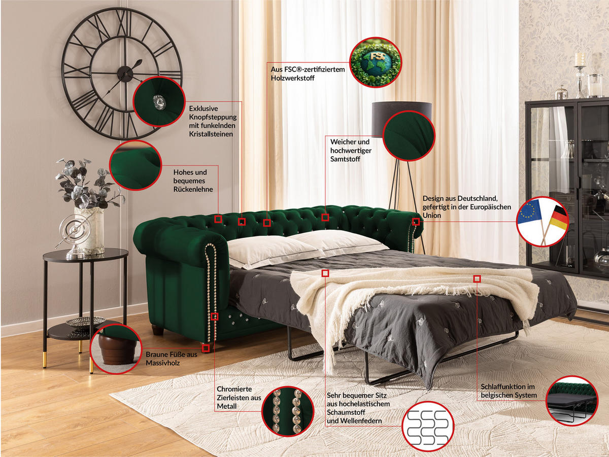 CHESTERFIELD-SOFA 3-Sitzer mit Schlaffunktion Cleo Blink Flasche Grün Samt mit Kristallsteppung und braunen Massivholzfüßen - Braun/Grün, Holz/Textil (203/72/86cm) - S-Style Möbel