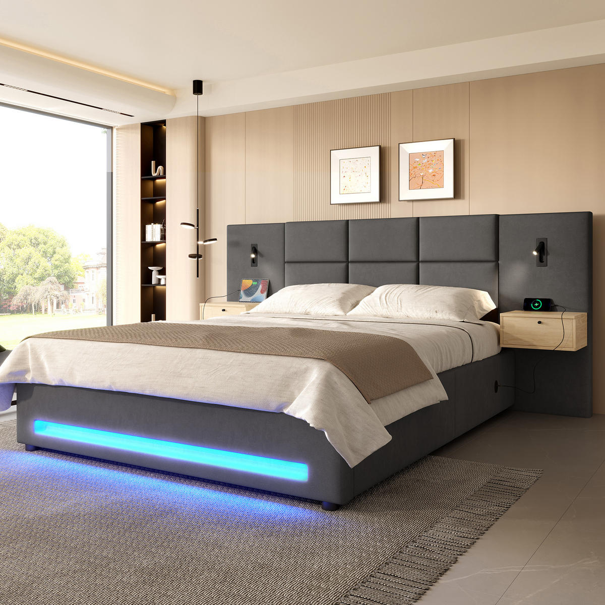 POLSTERBETT 180/200 cm in Dunkelgrau Samt mit Bettkasten, LED, USB-C und Schubladen - Dunkelgrau, Holzwerkstoff/Textil (180/200cm) - CHICFURN