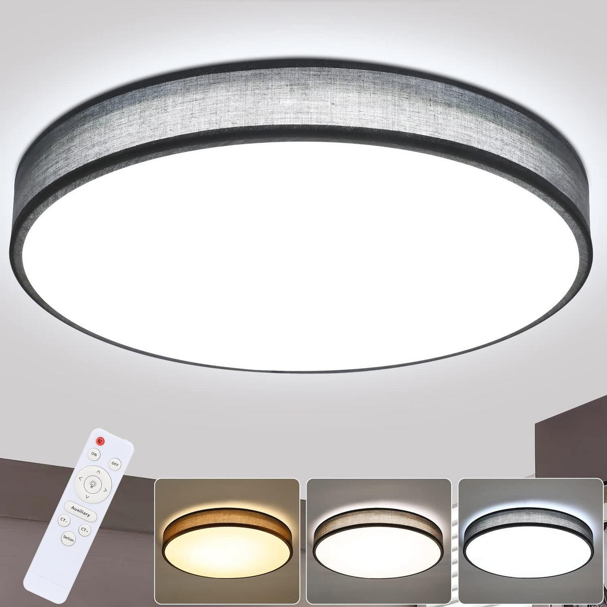 DECKENLEUCHTE LED runde Stoffschirm ‎38W Schlafzimmer Whonzimmer Ø39CM - Grau, Kunststoff (38/38/5cm) - ZMH