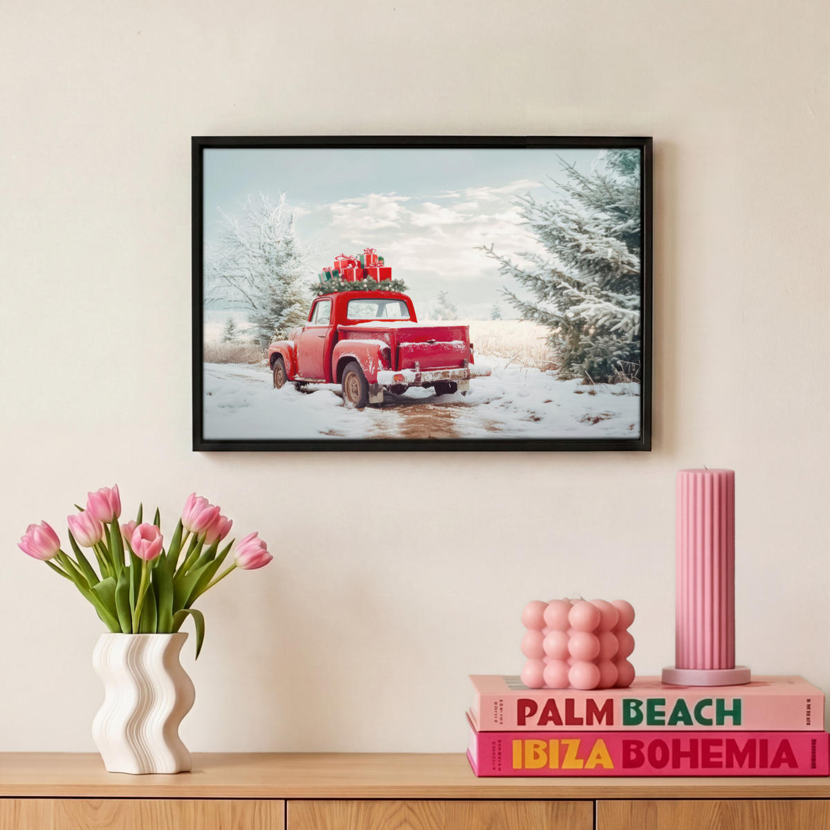 LEINWAND Bilder mit Rahmen - Auto - Rot - Geschenke - Winter - Schnee - Weihnachten - 30x20 - Rot, Textil (30/20cm) - MuchoWow