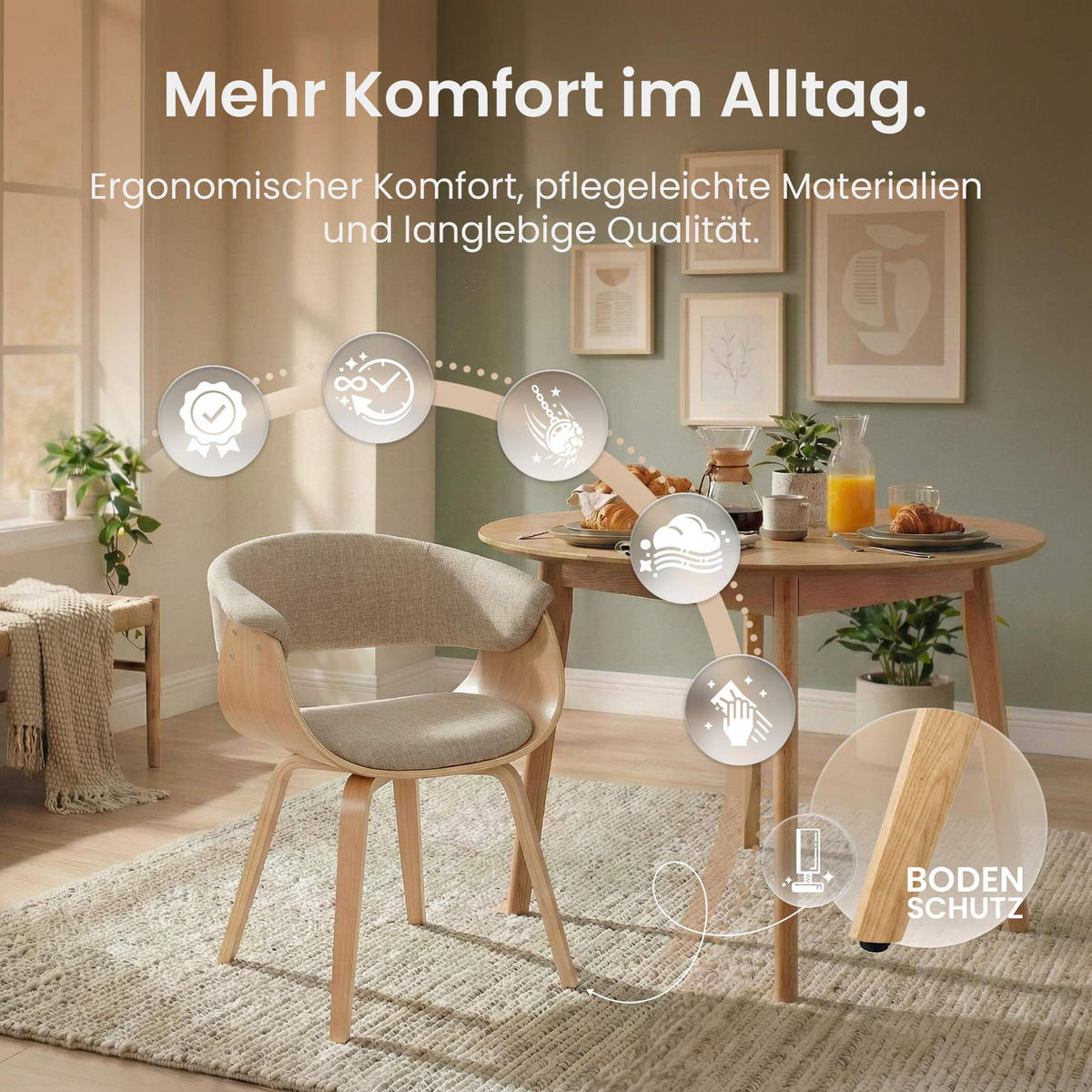 ARMLEHNENSTUHL 2er Set Stoff Natura/Creme - Eukalyptusholzfarben/Creme, Holz/Textil (60/75/55cm) - CLP