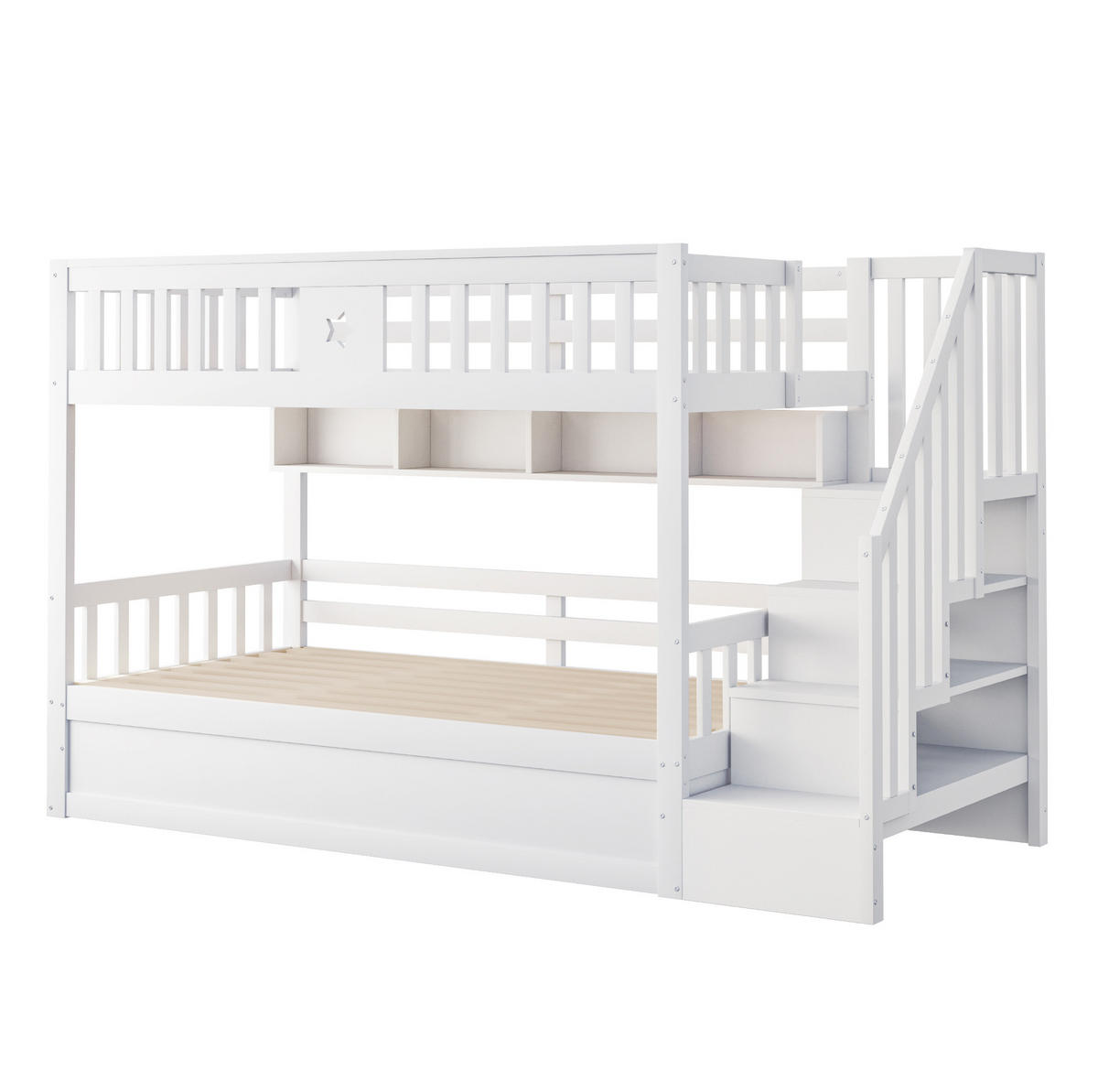 HOCHBETT 90/200 cm mit hydraulischem Unterbett, Stauraumtreppe und Regal, Weiß - Weiß, Holzwerkstoff (90/200cm) - Redom