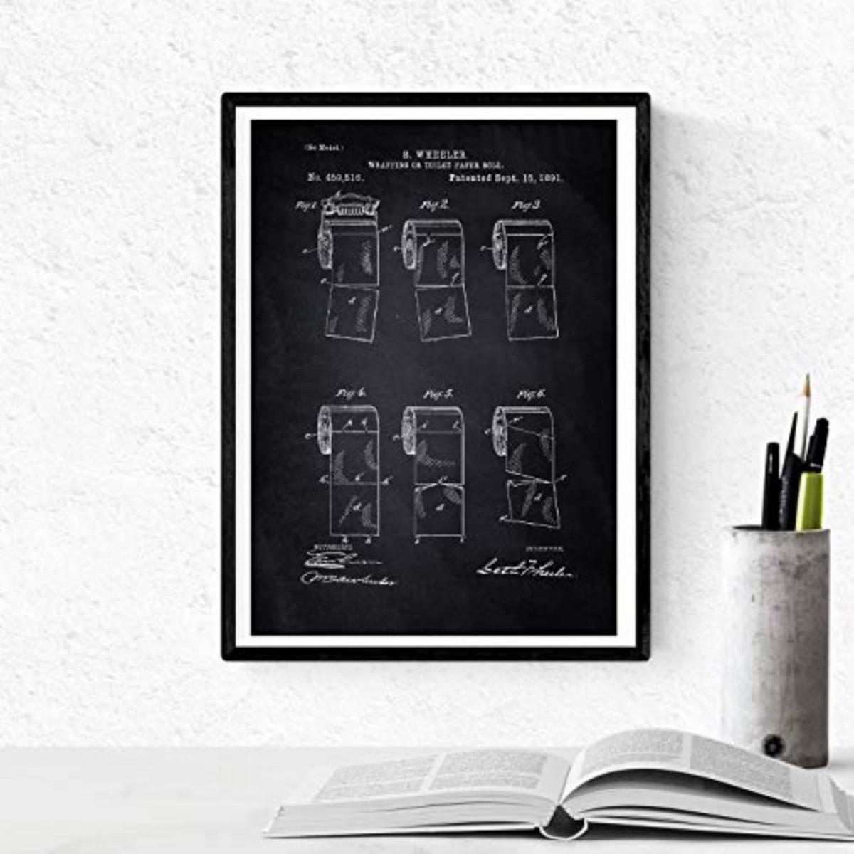 POSTER Set mit 4 Schwarz Badezimmer Patent A4 Schwarzer Rahmen - Schwarz, Papier (29.7/3cm) - Nacnic