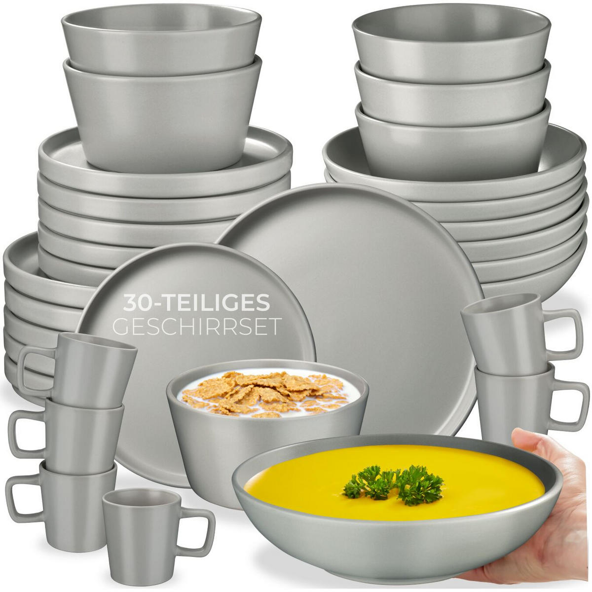 KOMBISERVICE Una, ineinander stapelbar, grau - Grau, Keramik (26/2.3/26cm) - tectake