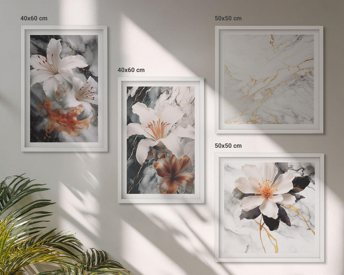 WANDBILDER 4er-Set - 50x50 cm & 40x60 cm Weißer Rahmen - Blumen Marmor weiß schwarz - Weiß, Kunststoff (50/50cm) - ArtPrintCave