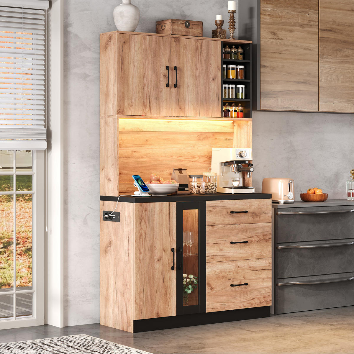KÜCHENSCHRANK in Naturfarben mit LED-Beleuchtung und Steckdose für Küchen und Esszimmer, B105/T40/H180 cm - Naturfarben, Holzwerkstoff (105/180/40cm) - STILVORA