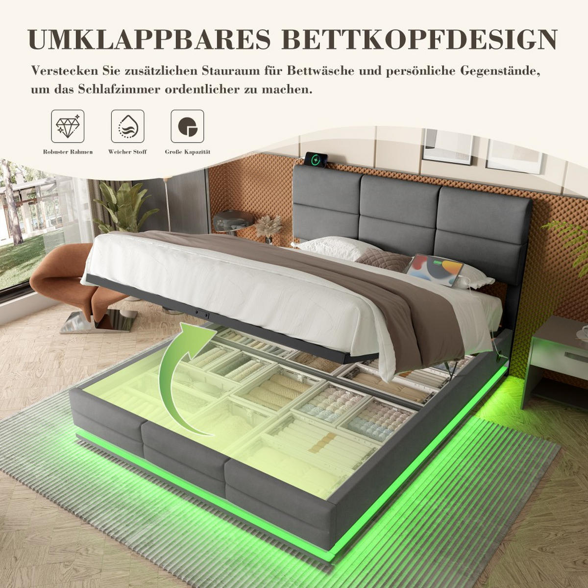 BOXBETT 180/200 mit Bettkasten, LED, USB/Typ C-Ladeanschluss,Samt,Grau - Grau, Holz (180/200cm) - LVHOM