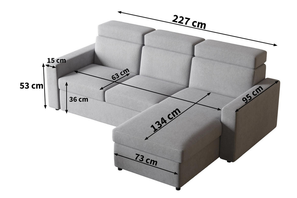 ECKSOFA PADWA Hellgrau Kordstoff mit Schlaffunktion - Hellgrau, Holz (227/168cm) - MASSENO