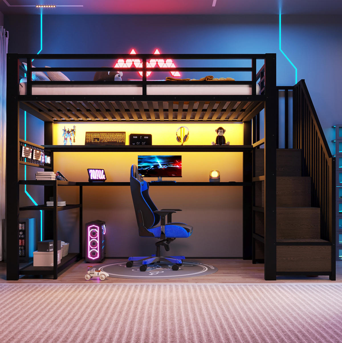 GAMING-HOCHBETT 90x200 cm in Schwarz mit LED, Schreibtisch und Kleiderschrank - Schwarz, Holzwerkstoff (90/200cm) - IVMEU