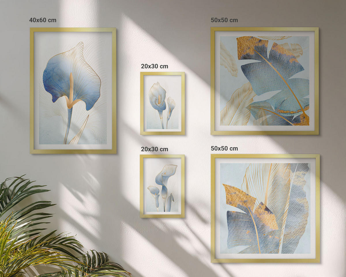 BILDER SET 5er Set - 50x50 cm & 20x30 cm & 40x60 cm Goldrahmen - Blaue Blumen im Hintergrund - Goldfarben, Kunststoff (40/60cm) - TULUP