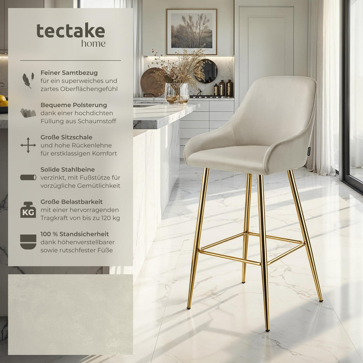 BARSTUHL Avane,48,5 x 57 x 108 cm, Belastbarkeit 120 kg,creme/gold - Goldfarben/Creme, Kunststoff (48.5/108/57cm) - tectake