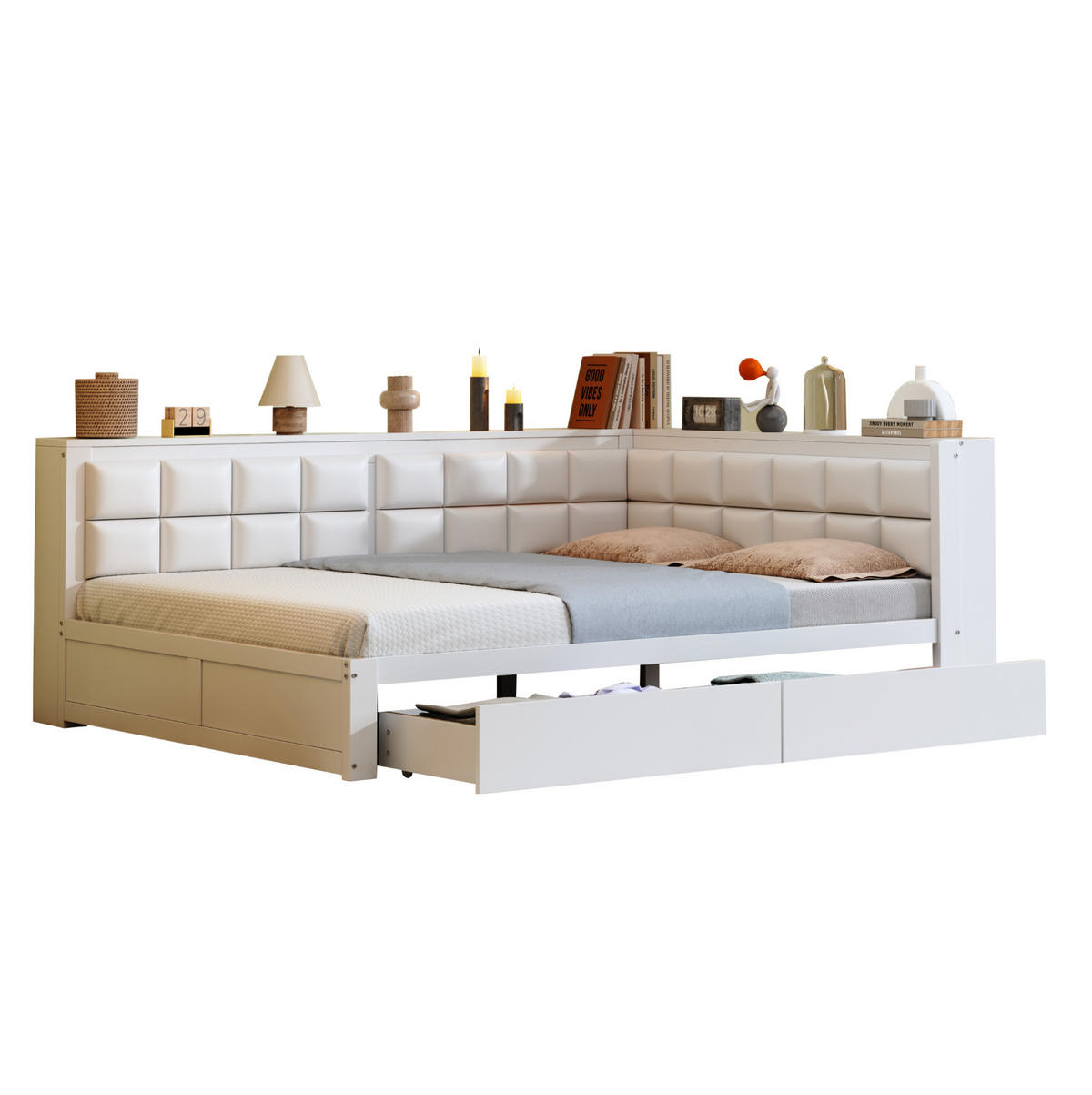 BETT 140/200 cm aus Kiefernholz mit weicher Rückenlehne und Stauraumschubladen in Weiß - Weiß, Holz (140/200cm) - OKWISH
