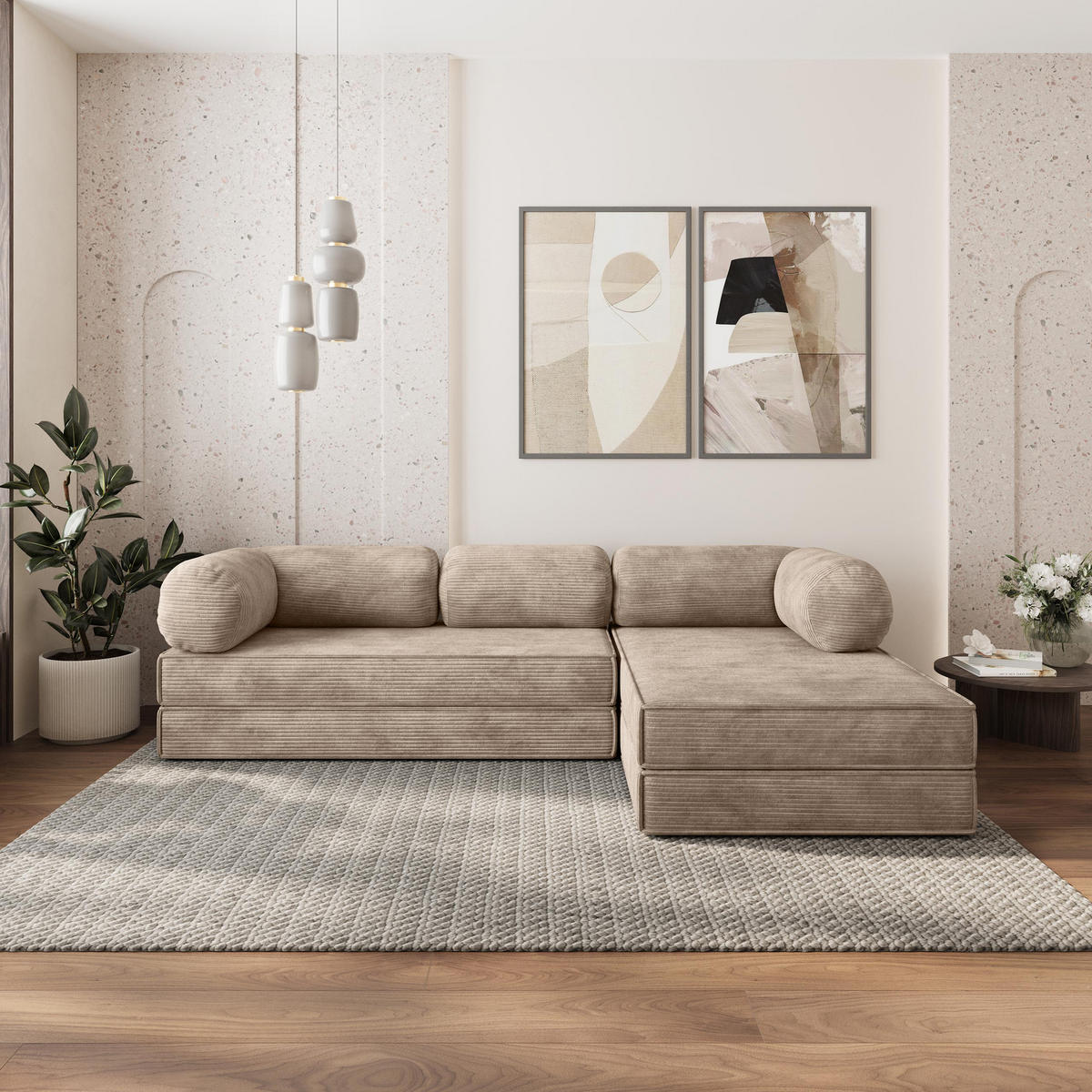 ROHOVÁ SEDAČKA ETERA modulární Boneless pohovka s funkcí spaní, béžová POSO 02 - béžová, textil (270/160cm) - MASSENO