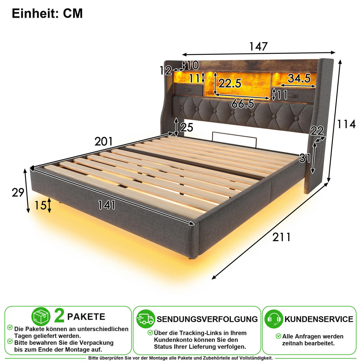 POLSTERBETT 140/200 cm in Grau mit LED, USB und Type-C Leinen - Grau, Holzwerkstoff/Textil (140/200cm) - CHICFURN