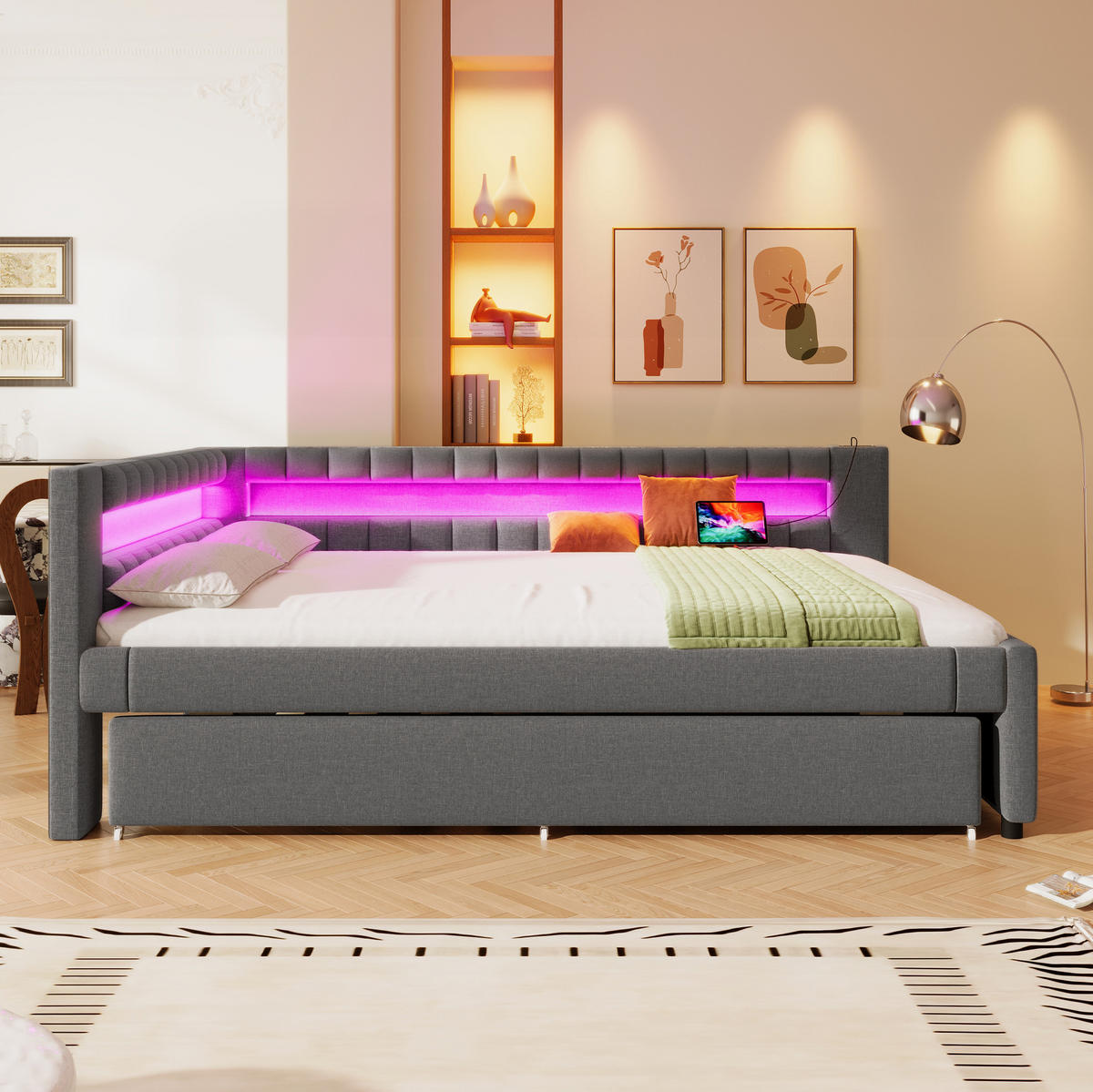POLSTERBETT 140/200 cm Grau mit Ausziehbett LED-Beleuchtung und USB- und Type-C-Anschlüssen - Grau, Textil (140/200cm) - OKWISH