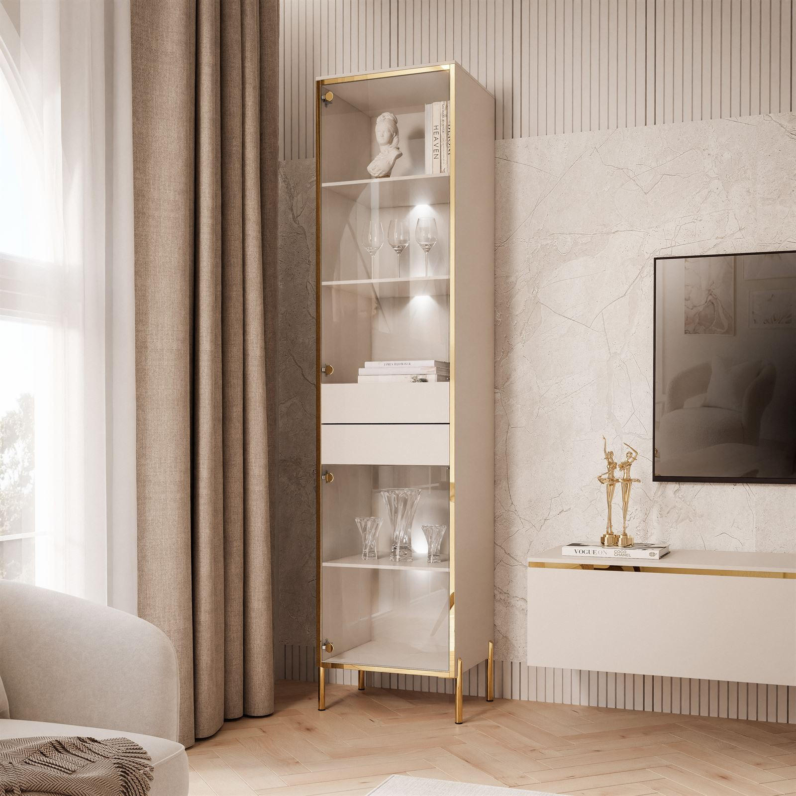 VITRINE AURORA in Kaschmir mit LED-Beleuchtung mit gerade Goldchrom Fuße - Kaschmir/Goldfarben, Holzwerkstoff/Metall (45/195/40cm) - Lookway
