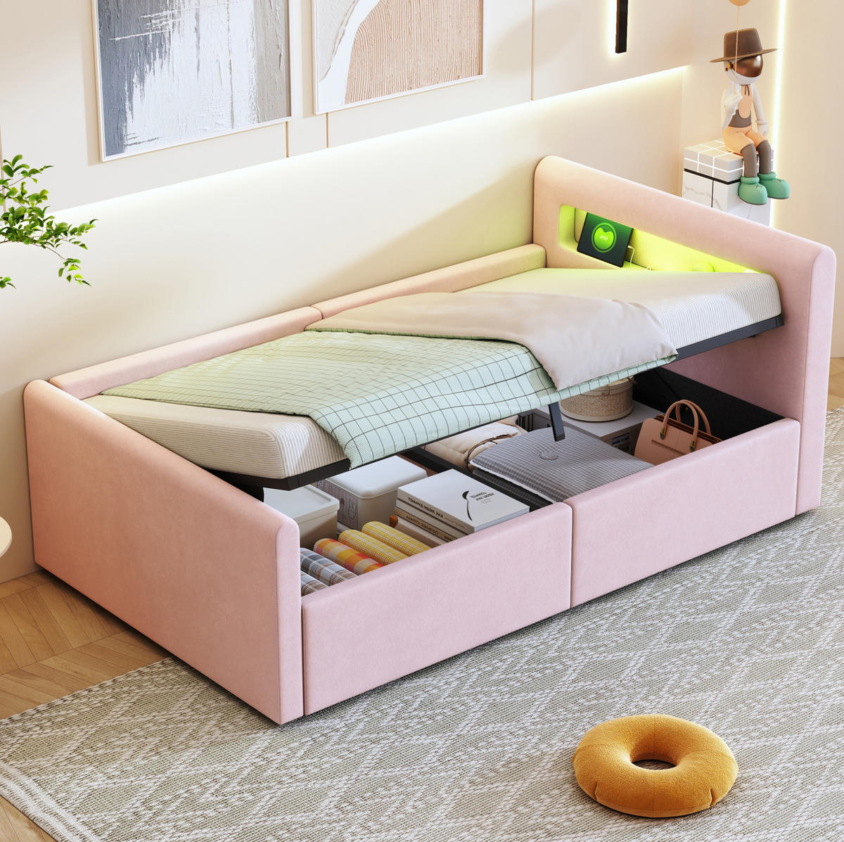 KINDERBETT aus Samtstoff 90x200 cm Rosa mit LED-Beleuchtung, USB-Anschluss und hydraulischem Stauraum - Rosa, Textil (90/200cm) - IVMEU