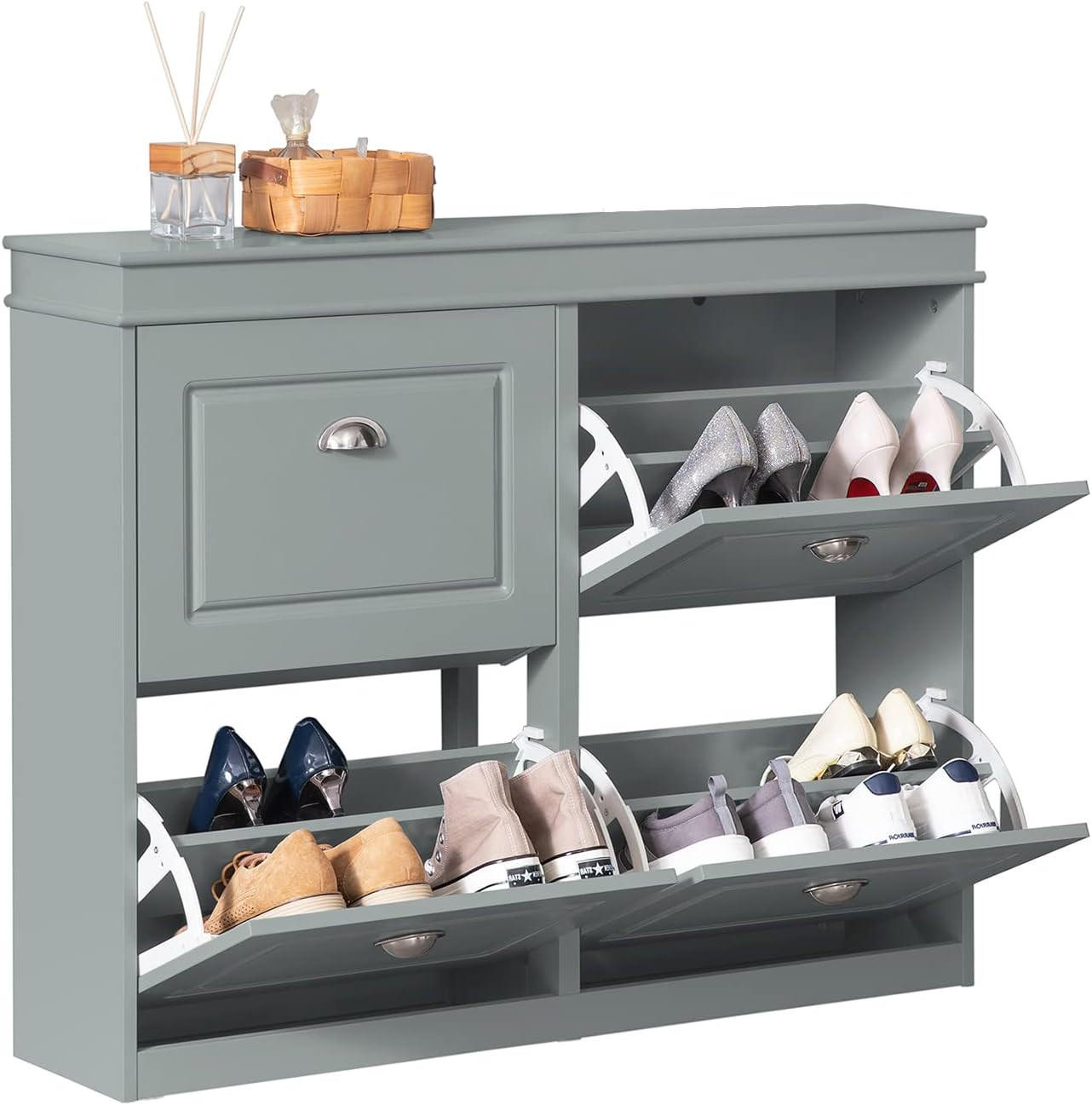 SCHUHKIPPER mit 4 Klappen, mit 8 Ablagen,105x82x24cm Grau - Grau, Holzwerkstoff (82/105/24cm) - Kaket