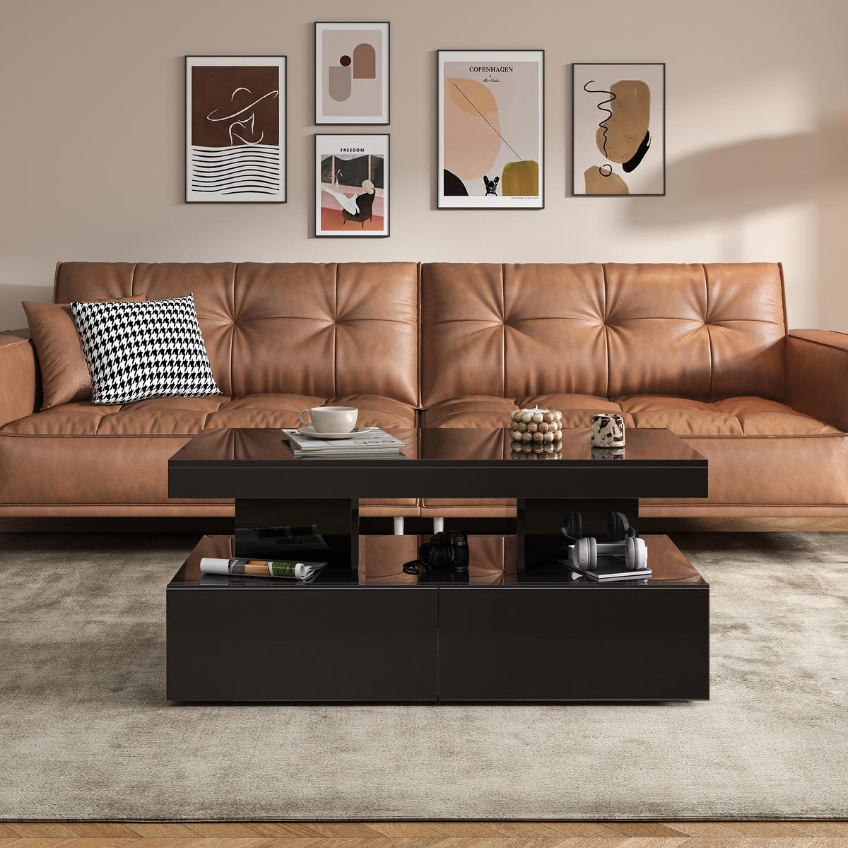 COUCHTISCH hochglanz schwarz modern mit beleuchtung - Schwarz, Metall (104/53/46cm) - SHOPENTRA
