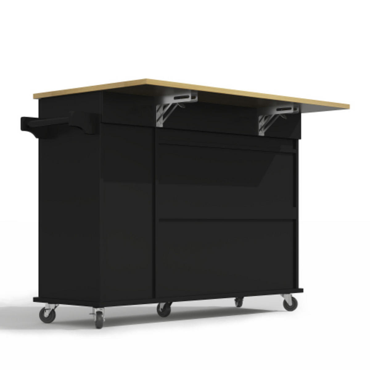 KÜCHENINSEL Schwarz-Natur aus MDF mit ausziehbarem 3-Ebenen-Regal und klappbarer Erweiterungsplatte 120 × 40(65) × 90 cm - Schwarz, Holzwerkstoff (120/90/65cm) - Luhomfu