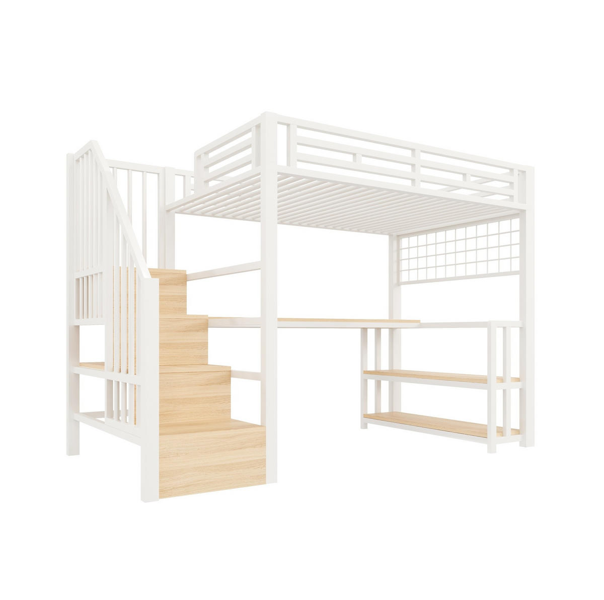 HOCHBETT 90/200 cm in Weiß mit Schreibtisch, Stauraumtreppe und LED - Weiß, Metall (90/200cm) - BEAOK