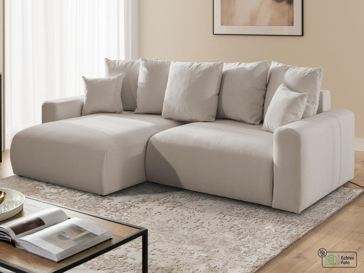 ECKSOFA Calma mit Schlaffunktion und Bettkasten im Bumpy-Design aus weichem Beige Webstoff - Ottomane links - Beige/Schwarz, Holz/Kunststoff (239/140cm) - S-Style
