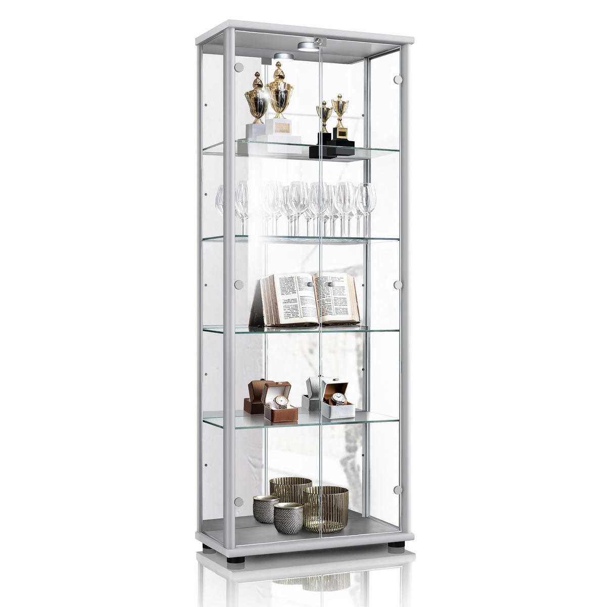 GLASVITRINE 33/67/176 cm mit Spiegel, LED, Schloss & 4 höhenverstellbaren Glasböden - Transparent/Silberfarben, Glas/Holzwerkstoff (67/176/33cm) - K-Möbel