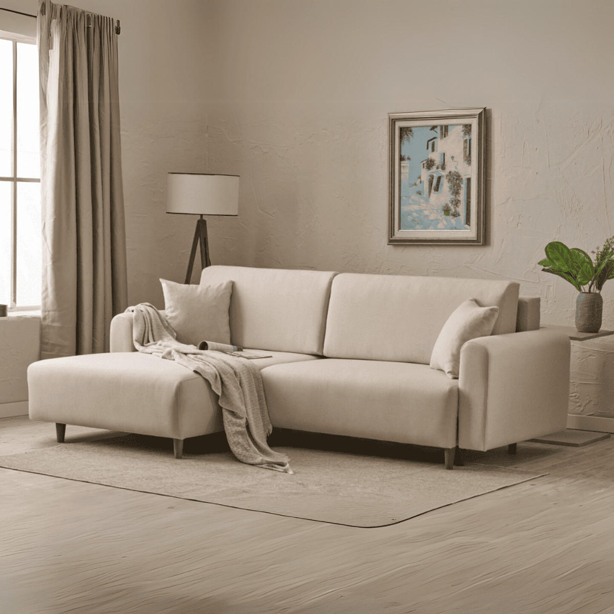 ECKSOFA mit Schlaffunktion und linksseitiger Récamiere - mane 246/160/85 cm - Creme, Holz (160/246cm) - Calicosy