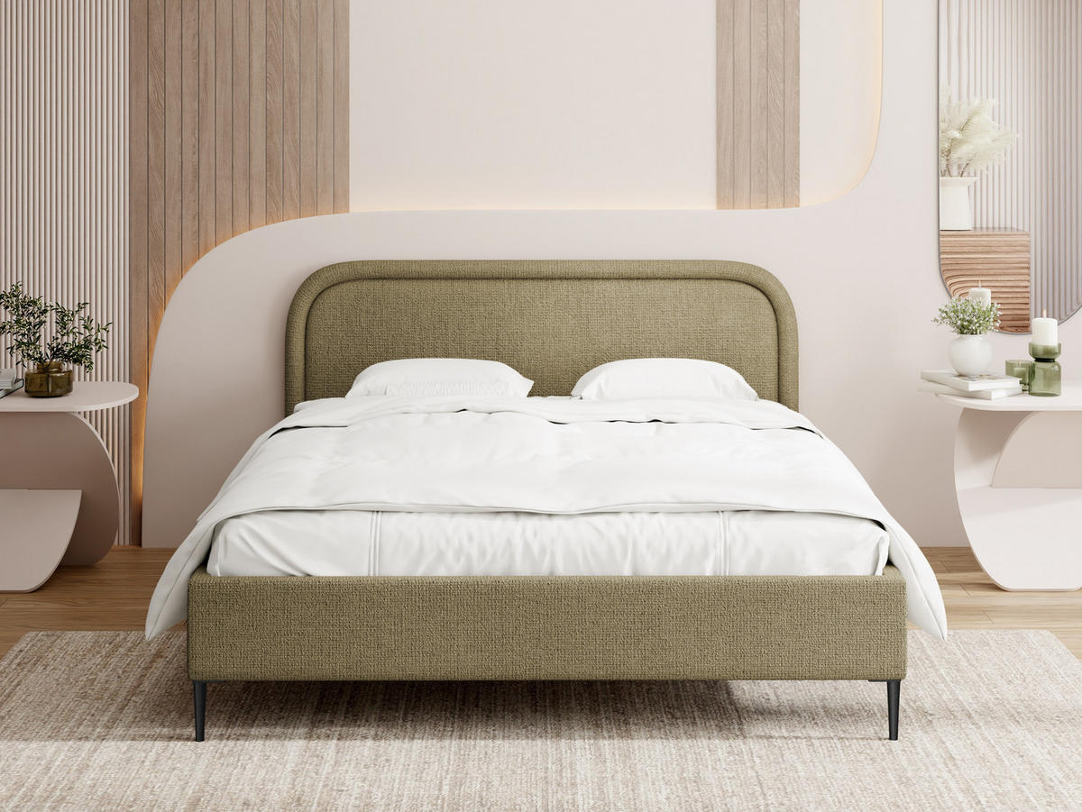 POLSTERBETT Jasmine Slim mit Bettkasten, Lattenrost & hohen Metallfüßen in Hell-Olivgrün Chenille 140x200 cm - Birkefarben/Schwarz, Holz/Textil (140/200cm) - WFL GROUP