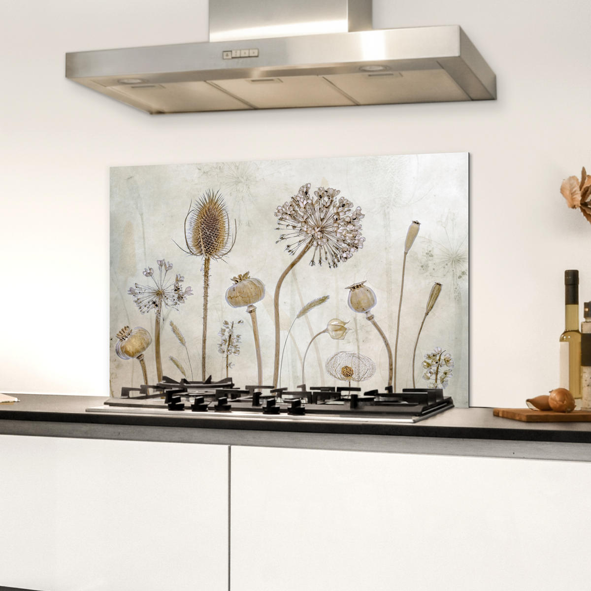 SPRITZSCHUTZ KÜCHE Blumen - Aquarell - Stilleben - Braun - Vintage 70x50 cm - Sandfarben, Metall (70/0.3/50cm) - MuchoWow