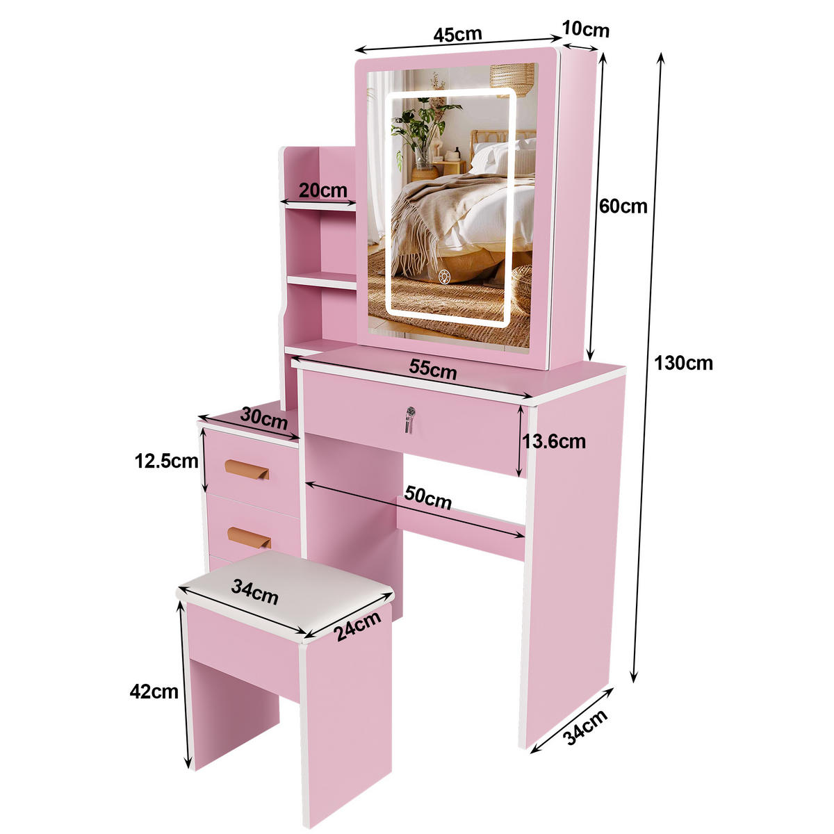 TOALETNÍ STOLEK v růžové barvě se zrcadlem, zásuvkami a osvětlením do ložnice, Š85/V130/H36 cm - růžová, kompozitní dřevo (85/130/36cm) - STILVORA