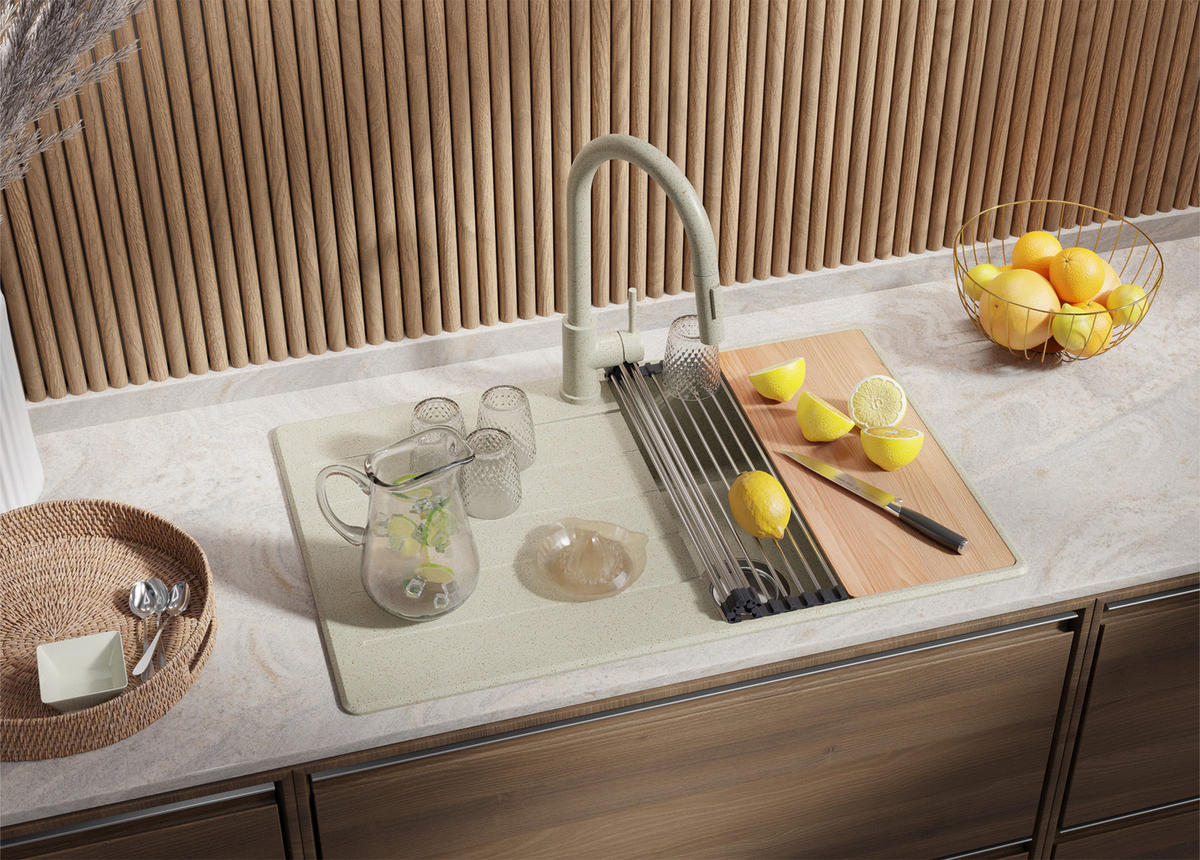 GRANITSPÜLE Kopenhagen, 2-er set Beige 78/50 cm 1 Becken + Küchenarmatur 32/20 cm + Ablauf-Set + Schneidebrett ab 45er Unterschrank - Chromfarben/Beige, Kunststoff (78/20/50cm) - Primagran