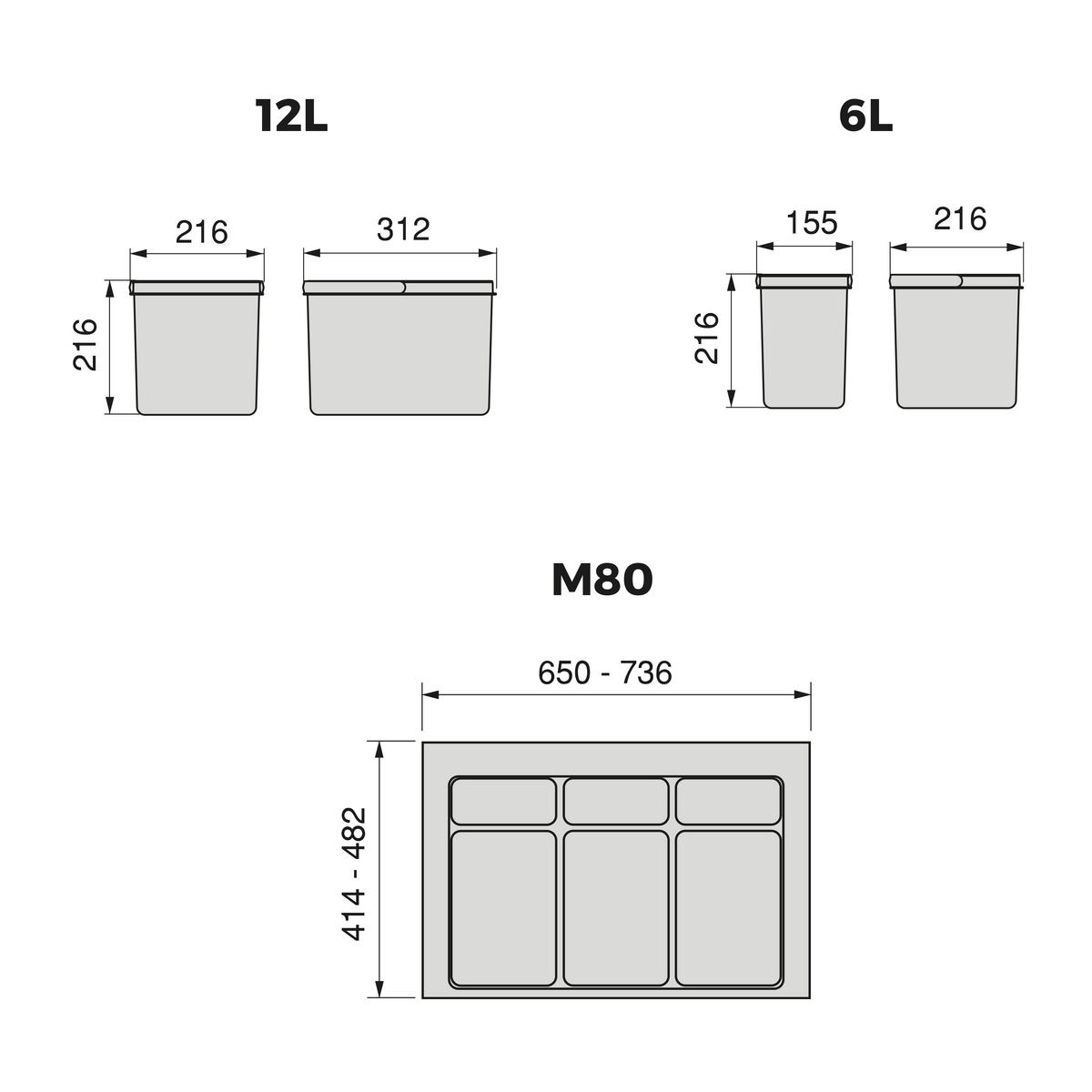 RECYCLINGBEHÄLTER für Küchenschublade mit Boden, Höhe 216mm, 2x12Liter, 2x6Liter, Modul 800mm, Kunststoff, Anthrazitgrau - Anthrazit, Kunststoff (53/30/76cm) - EMUCA