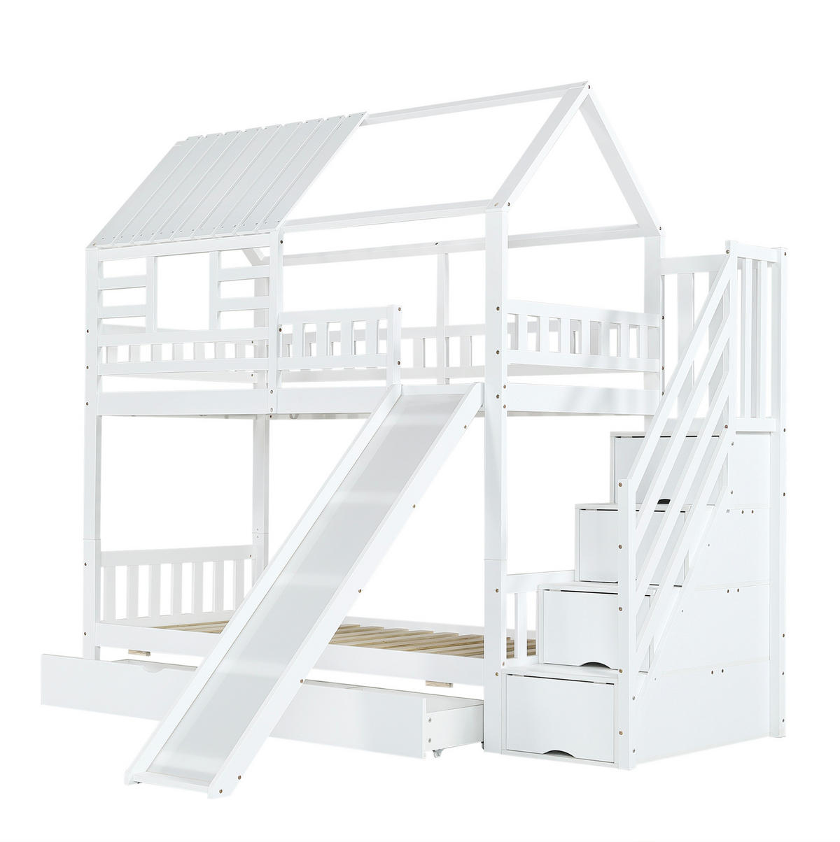 POSCHODOVÁ posteľ 90/200 cm biela so schodmi, šmykľavkou a úložným priestorom z masívneho dreva a MDF - biela, kompozitné drevo (90/200cm) - OKWISH