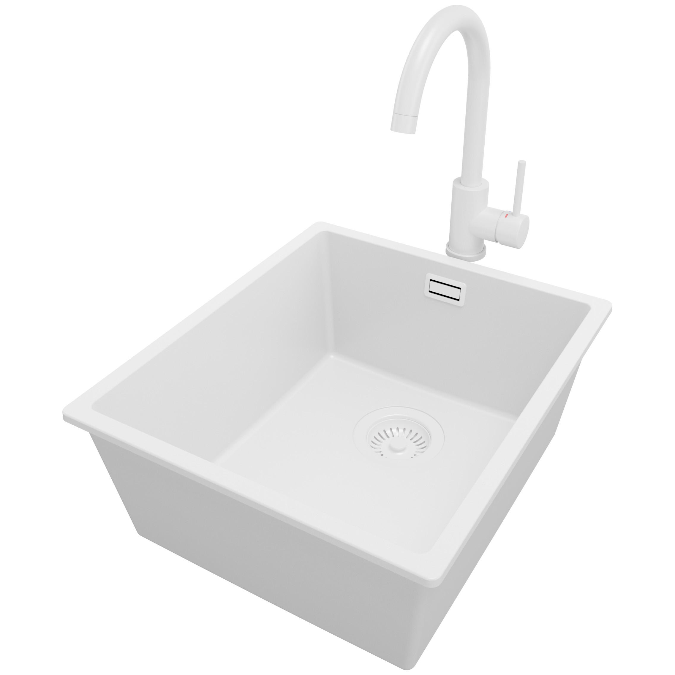 GRANITSPÜLE London Slim, 2-er set Alles Weiß 41/47 cm 1 Becken + Küchenarmatur 32/20 cm + Ablauf-Set ab 45er Unterschrank - Weiß, Kunststoff (41/20/47cm) - Primagran