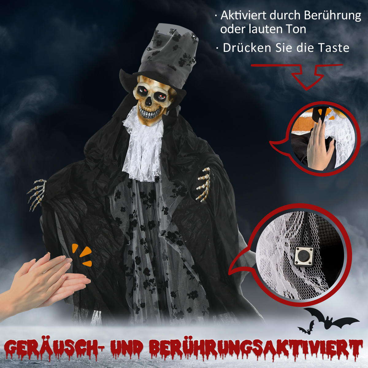 183CM Halloween-Dekoration Gespenst Bräutigam In Lebensgröße Augenglühen - Schwarz, Kunststoff (65/189/125cm) - Outsunny