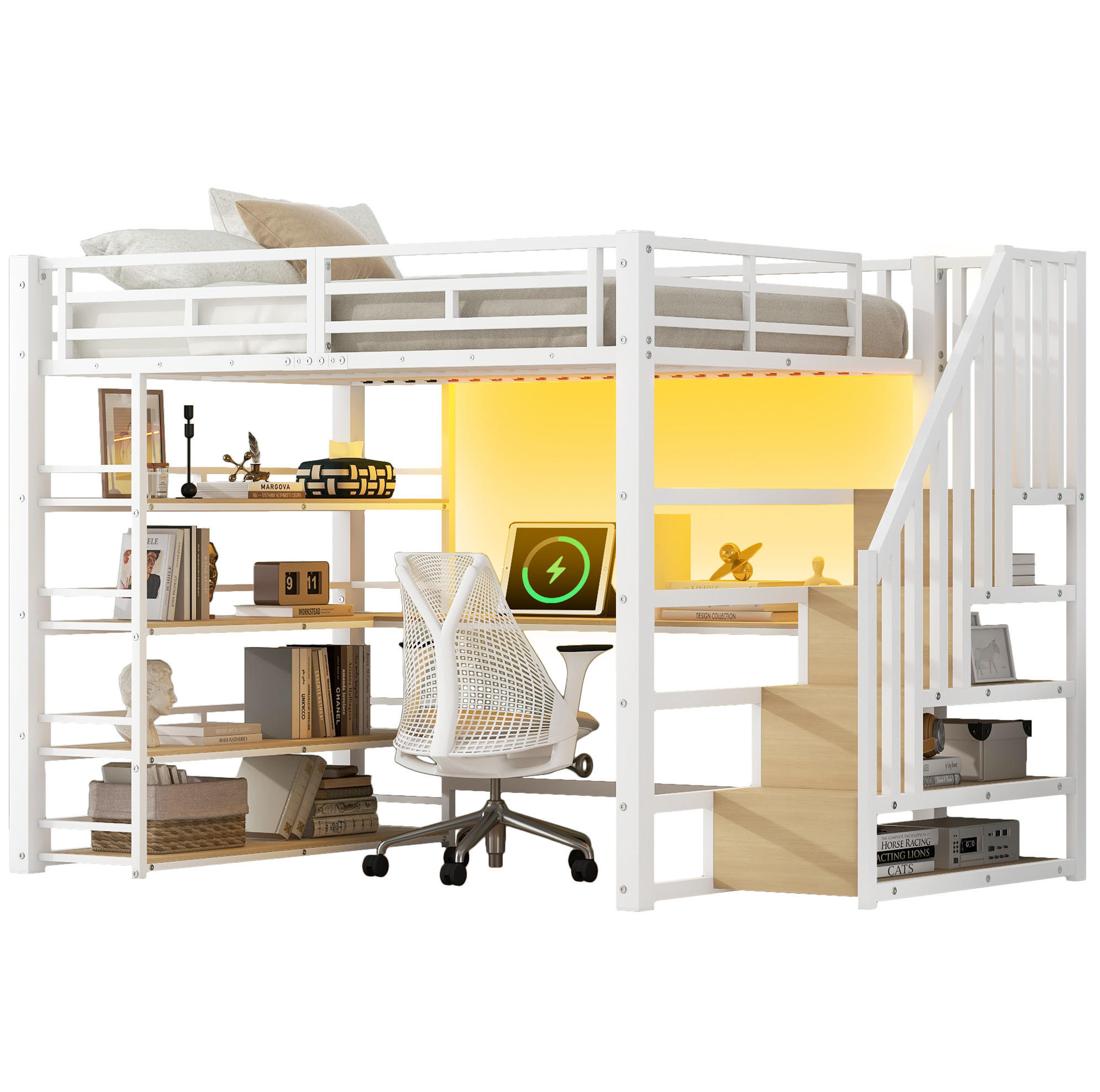 PATROVÁ postel 140/200 cm bílá z kovu a MDF s psacím stolem, schody a LED diodou - bílá, kompozitní dřevo (140/200cm) - OKWISH