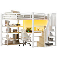 VYSOKÁ posteľ 140/200 cm biela z MDF a kovu s písacím stolom schodmi úložným priestorom USB a LED - biela, kompozitné drevo (140/200cm) - OKWISH