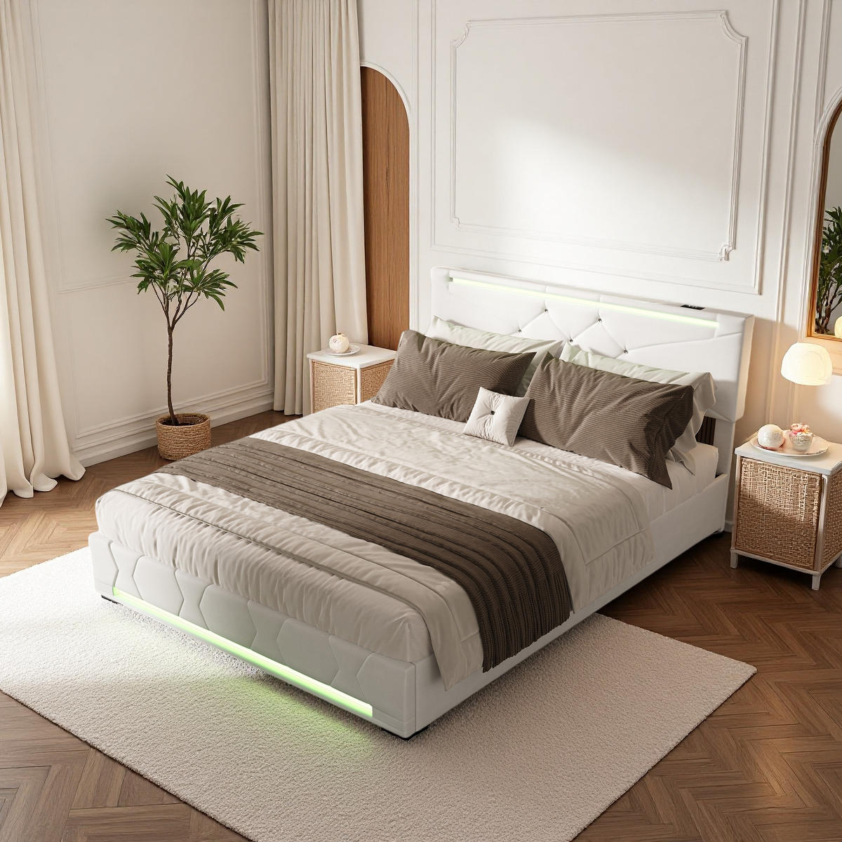 KLÄDD säng 160x200 cm beige linne LED USB sänglåda - Beige, Trä (160/200cm) - SHOPENTRA