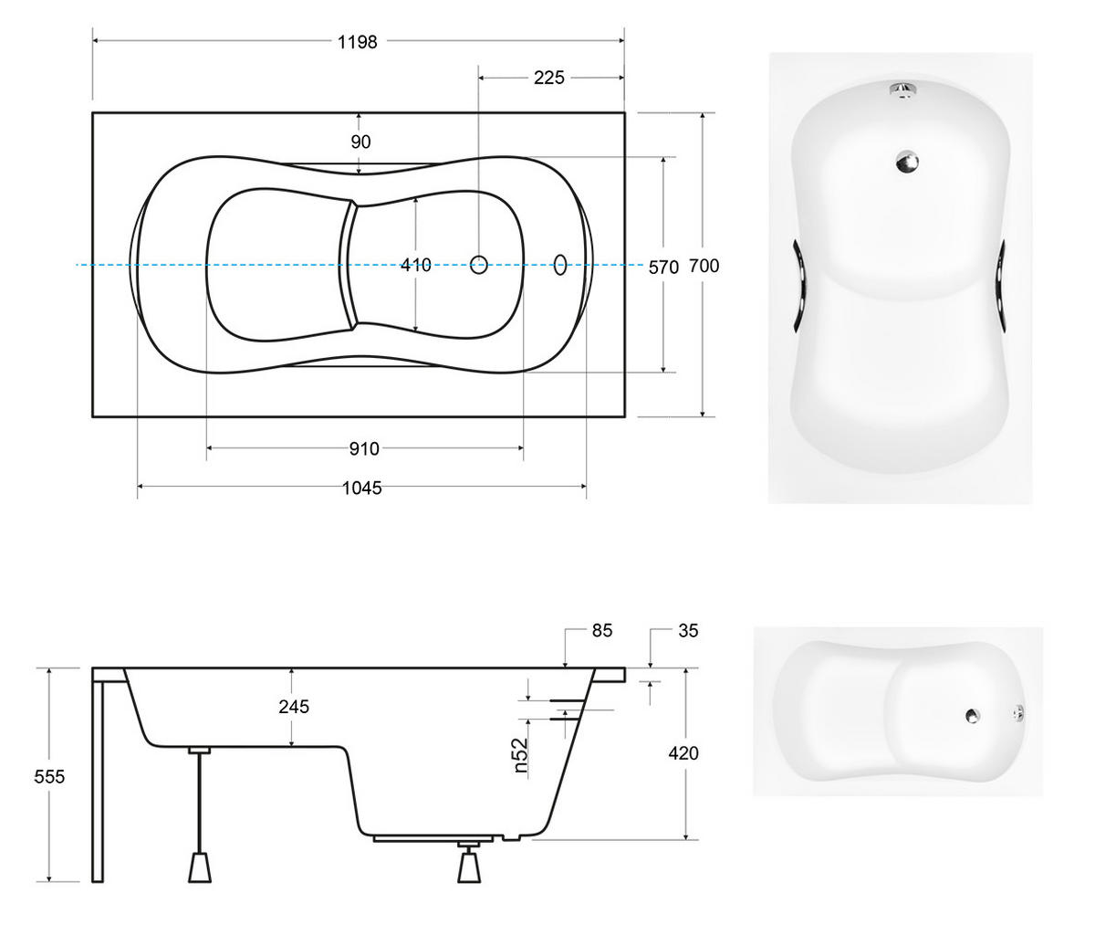 BADEWANNE Rechteck ARIA REHAB 120/70 mit Styro Ablauf Füße - Weiß, Kunststoff (70/55.5/120cm) - bad land