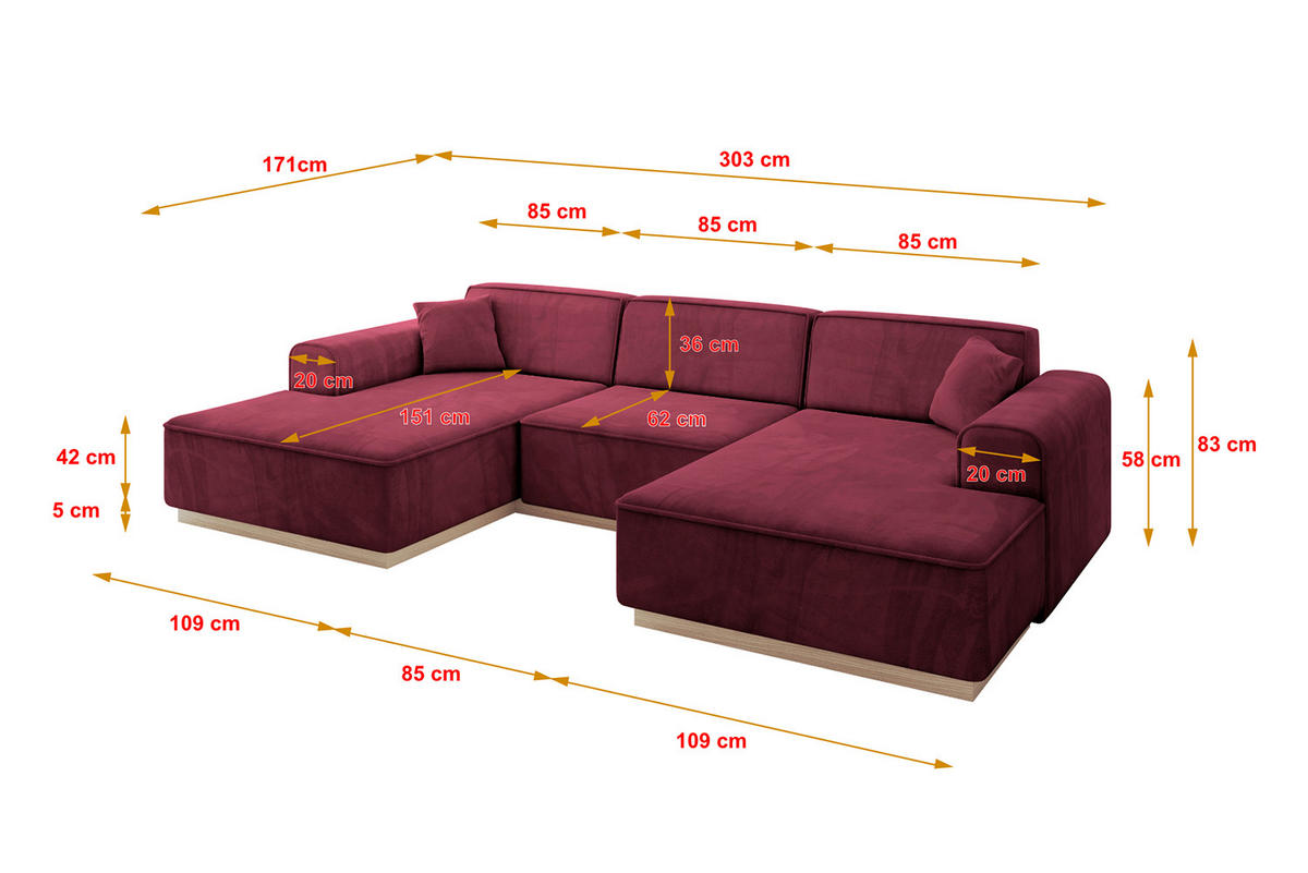 WOHNLANDSCHAFT IREA-U1 - 303x171x83 cm Bordeauxrot - Bordeaux, Holzwerkstoff/Textil (303/83/171cm) - ALTDECOR