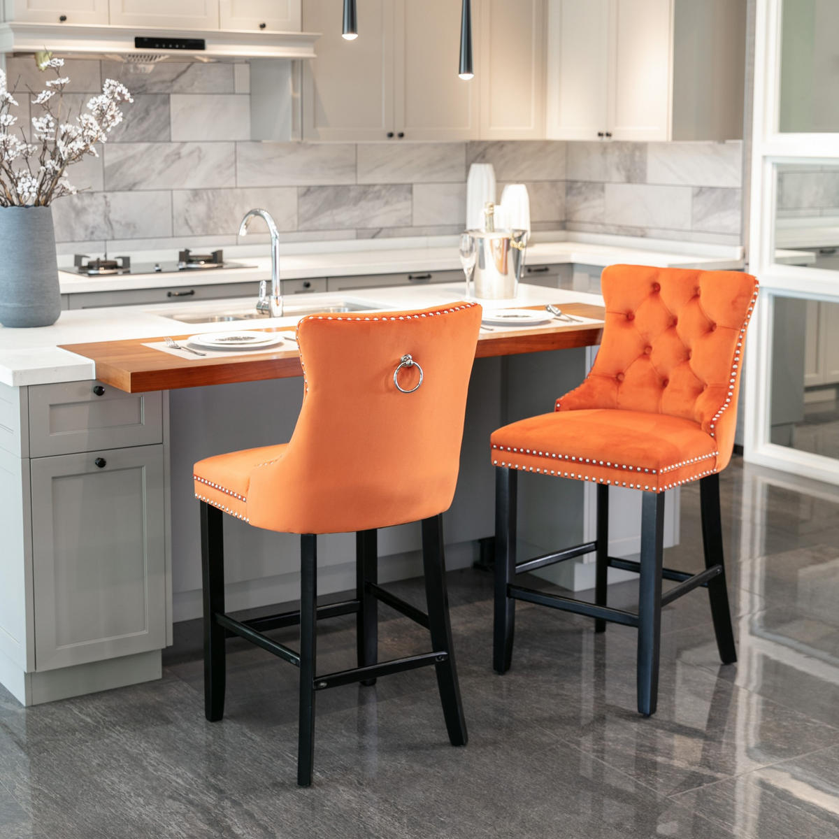 BARHOCKER 2er-Set Orange mit Samtbezug und Rückenlehne - Orange, Textil (60/103/50cm) - PANGIVO
