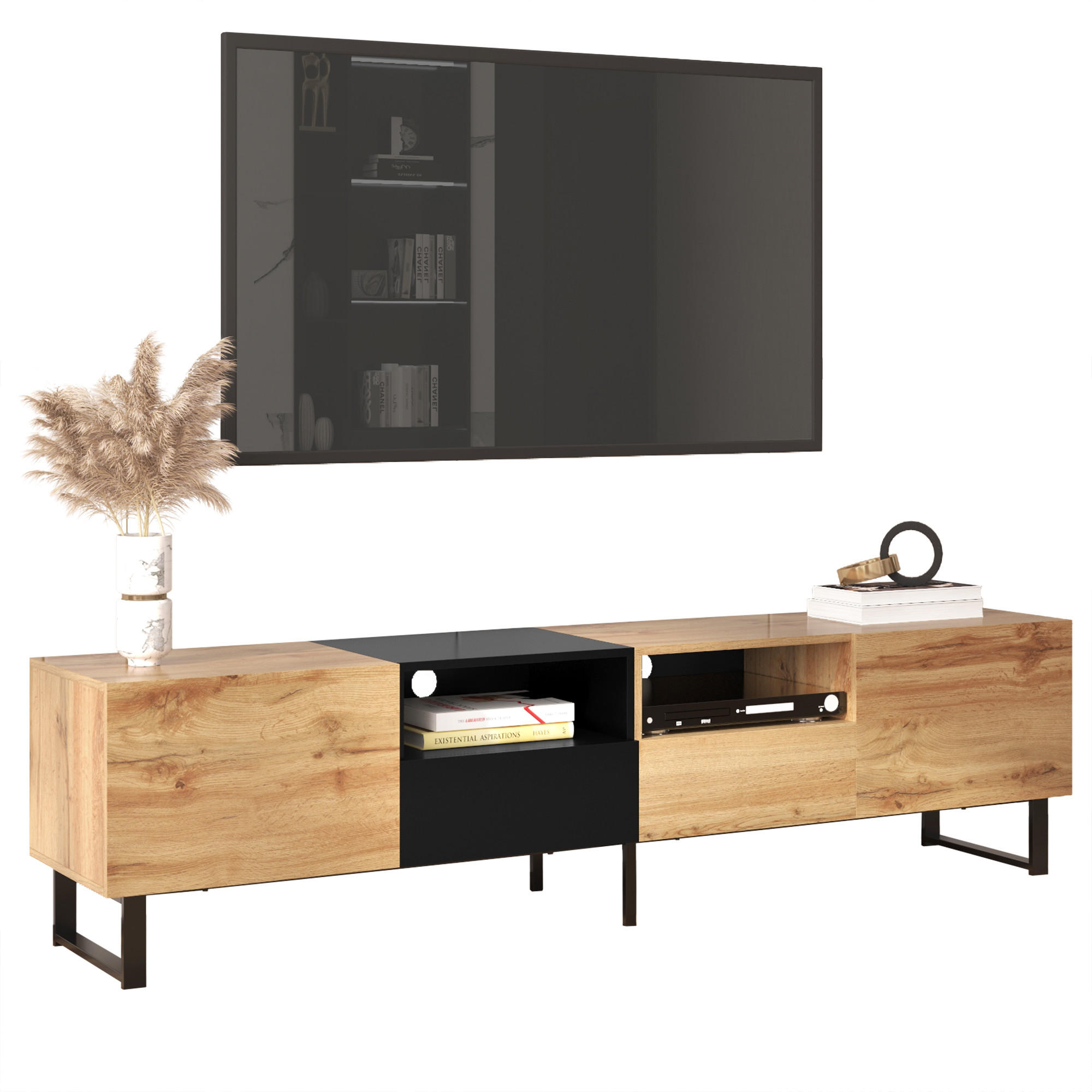 LOWBOARD in Schwarz mit Schubladen für Wohnzimmer, B190/T38/H48 cm - Schwarz/Naturfarben, Holzwerkstoff/Metall (190/48/38cm) - STILVORA