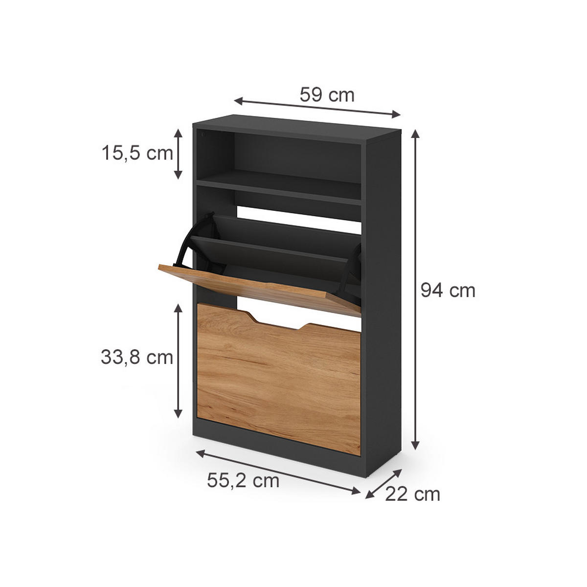 SCHUHKIPPER Luca, Anthrazit/Goldkraft Eiche, 59 x 94 cm mit 2 Kippfächern - Honigeiche/Anthrazit, Holzwerkstoff (59/94/22cm) - Vicco
