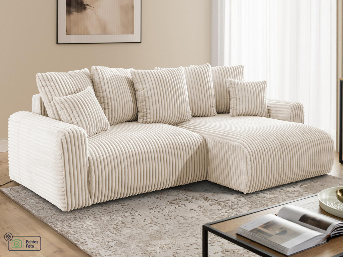 ECKSOFA Calma mit Schlaffunktion und Bettkasten im Bumpy-Design aus weichem Creme Plüschcord - Ottomane rechts - Creme/Schwarz, Holz/Kunststoff (140/239cm) - S-Style