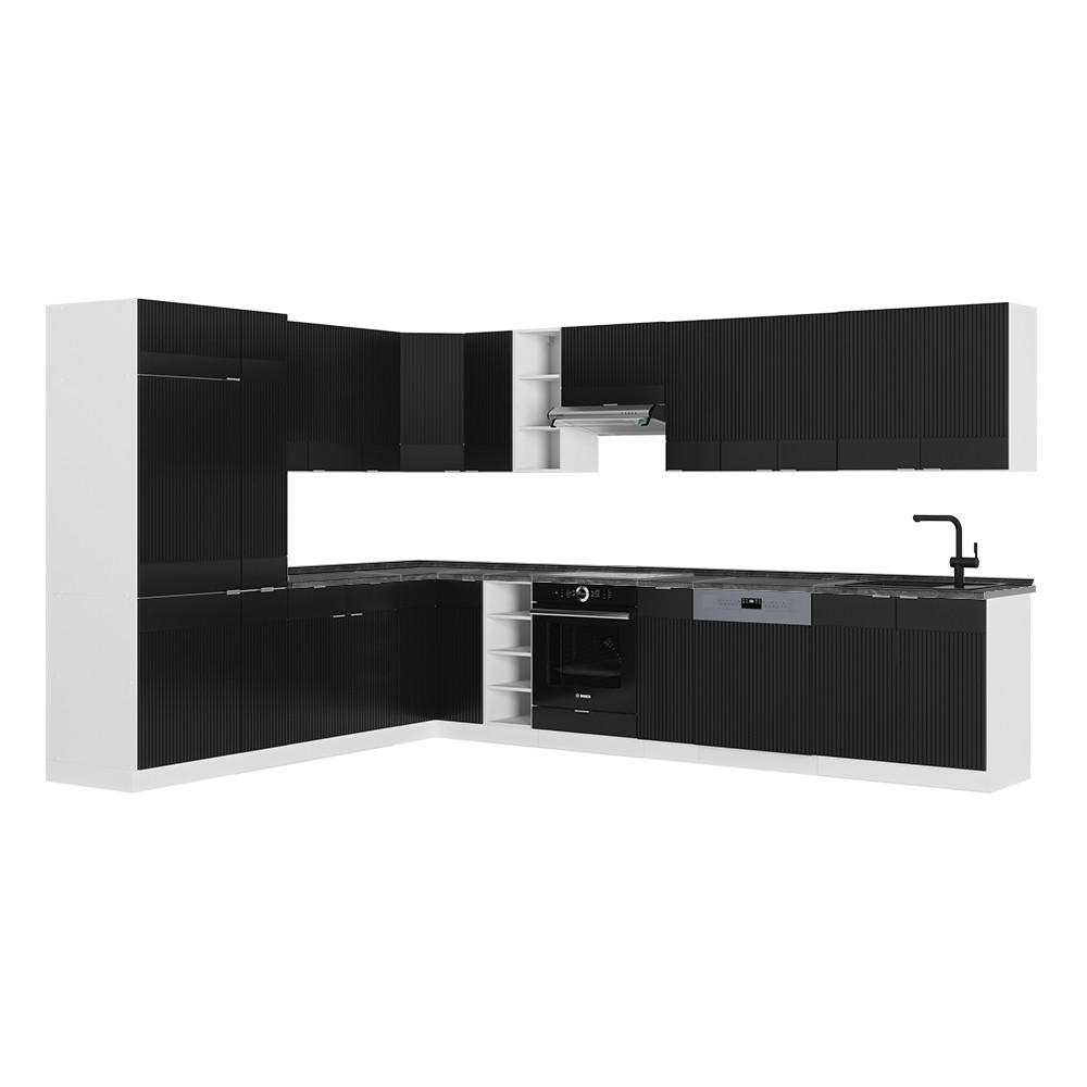 ROHOVÁ KUCHYNĚ Fame-Line, černé pruhy/bílá, 347 x 257 cm, AP antracit - černá, kompozitní dřevo (347/81.6/60cm) - Vicco