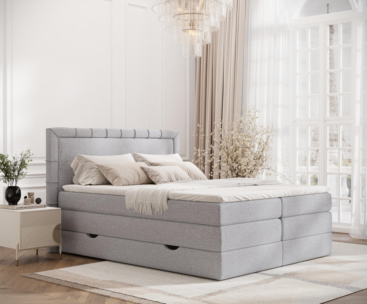 BOXSPRINGBETT Rosabel Hellgrau 180/200 cm mit Matratze und Topper - Hellgrau/Schwarz, Holz/Holzwerkstoff (180/200cm) - Maison de Reve
