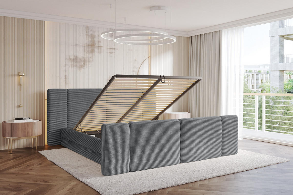 POLSTERBETT mit Bettkasten, Fußteil und Lattenrost, Bett mit Matratze H3/H4 - TEVO-Z 180x200 Dunkelgrau - Graphitfarben, Holzwerkstoff/Textil (180/200cm) - ALTDECOR