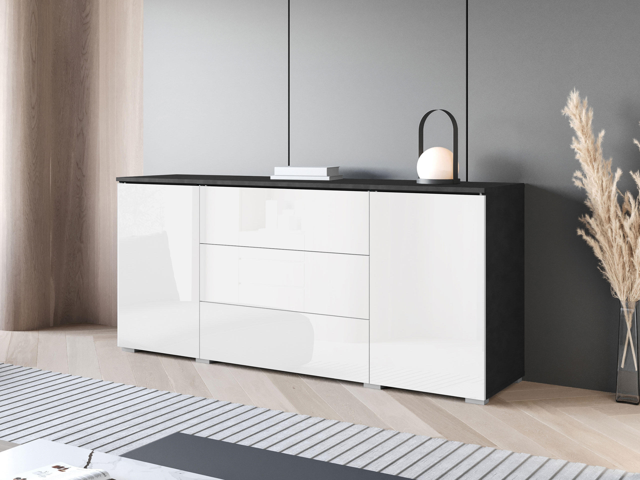 SIDEBOARD Vera 150 - Weiß Hochglanz/Grau, Holzwerkstoff (150/66/40cm) - MIRJAN24